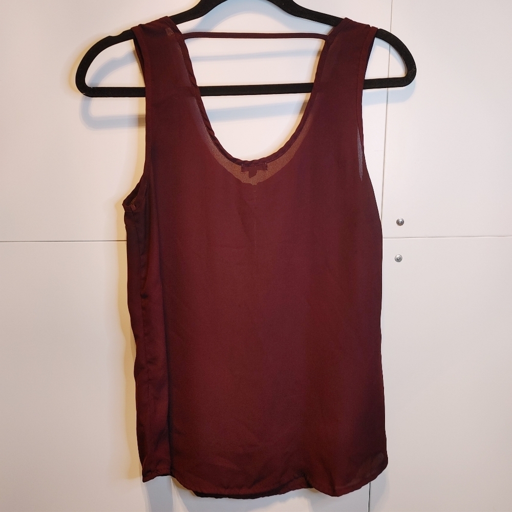 Maroon Sleeveless Blouse Gold Zipper Front Juniors Small Flowy Tank Top - Picture 6 of 9